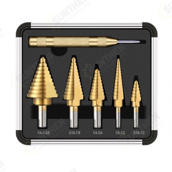 6Pcs HSS Titanium Coated Step Drill Bit With Center Punch Drill Set Hole Cutter Drilling Tool