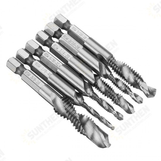 6pcs 1/8-3/8 Inch BSW Thread HSS Combination Drill Tap Bit Set Hex Shank Deburr Countersink Bits