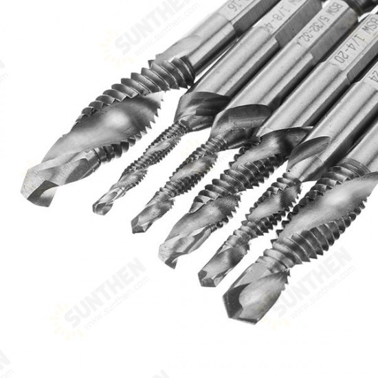 6pcs 1/8-3/8 Inch BSW Thread HSS Combination Drill Tap Bit Set Hex Shank Deburr Countersink Bits