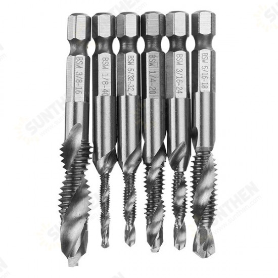 6pcs 1/8-3/8 Inch BSW Thread HSS Combination Drill Tap Bit Set Hex Shank Deburr Countersink Bits