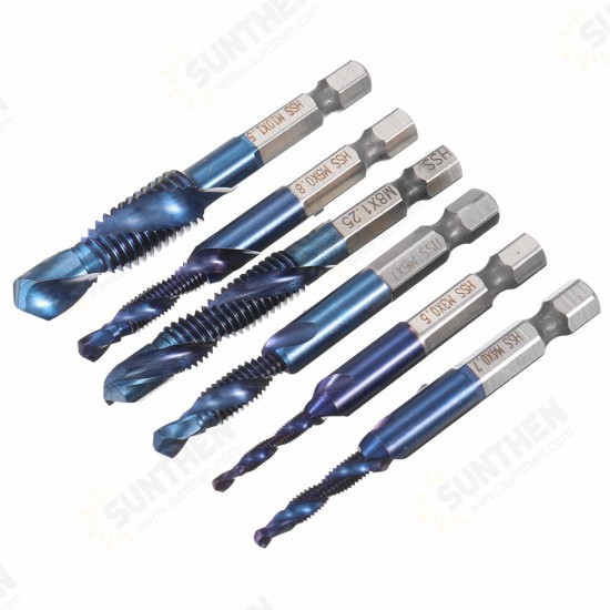 6pcs M3-M10 Combination Drill Tap Bit Set HSS 6542 Blue Nano Coated Deburr Countersink Drill Bits