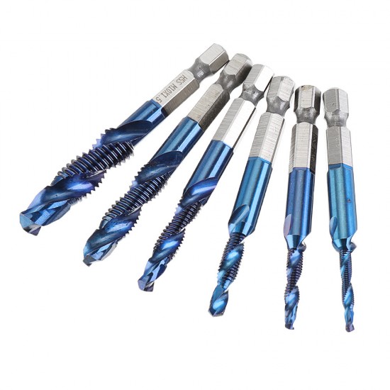 6pcs M3-M10 Combination Drill Tap Bit Set HSS Blue Nano Deburr Countersink Bits with Automatic Center Pin Punch