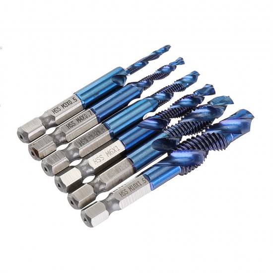 6pcs M3-M10 Combination Drill Tap Bit Set HSS Blue Nano Deburr Countersink Bits with Automatic Center Pin Punch