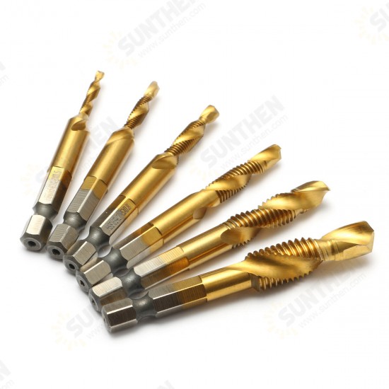 6pcs M3-M10 Hexagon Shank Drill Tap Bit Titanium Plated HSS 6542 Deburr Countersink Bits Screw Thread Metric Tap