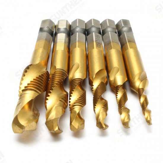 6pcs M3-M10 Hexagon Shank Drill Tap Bit Titanium Plated HSS 6542 Deburr Countersink Bits Screw Thread Metric Tap