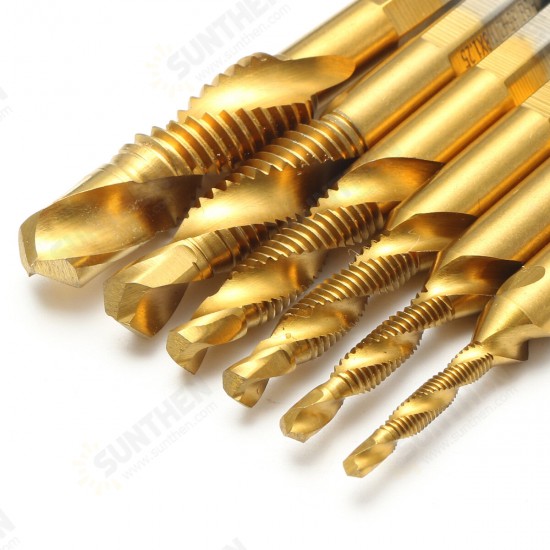 6pcs M3-M10 Hexagon Shank Drill Tap Bit Titanium Plated HSS 6542 Deburr Countersink Bits Screw Thread Metric Tap