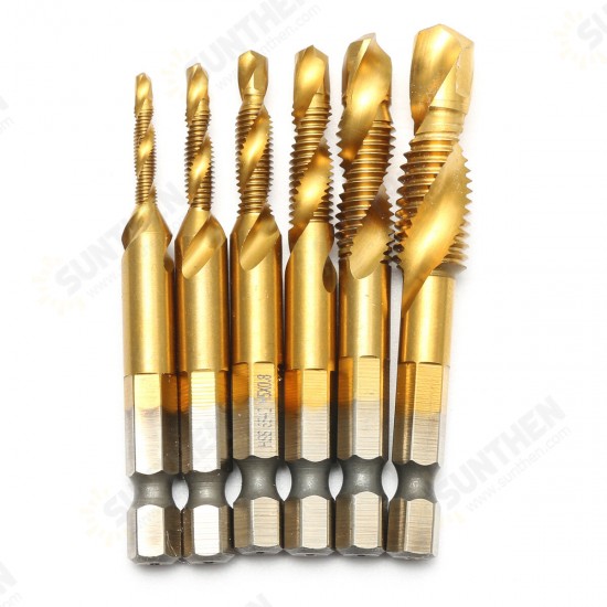 6pcs M3-M10 Hexagon Shank Drill Tap Bit Titanium Plated HSS 6542 Deburr Countersink Bits Screw Thread Metric Tap