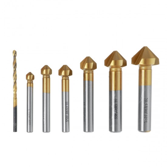 7pcs 5-10mm HSS Titanium Coated M6 Countersink Drill Bit 3 Flute Chamfer 90 Degree Chamfering End Mill Cutter