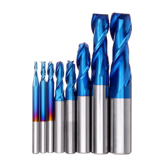 8PCS HRC55 Blue Nano Tungsten Carbide 2 Flute End Mill Set R1-R6 CNC Router Bits for Metal Wood Stainless Steel Aluminum Copper Plastic Acrylic