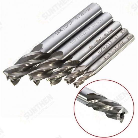 DB-M2 5pcs 4/6/8/10/12mm 4 Flute End Mill Cutter HSS Straight Shank Drill Bits