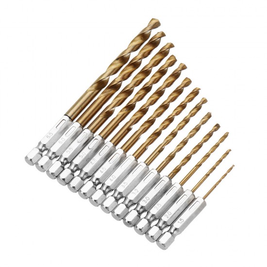 DB-T2 13pcs 1.5-6.5mm HSS Titanium Coated 1/4 Inch Hex Shank Twist Drill Bit Set