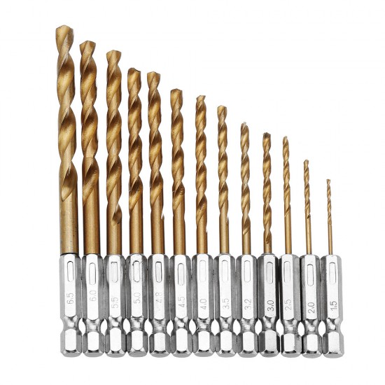 DB-T2 13pcs 1.5-6.5mm HSS Titanium Coated 1/4 Inch Hex Shank Twist Drill Bit Set