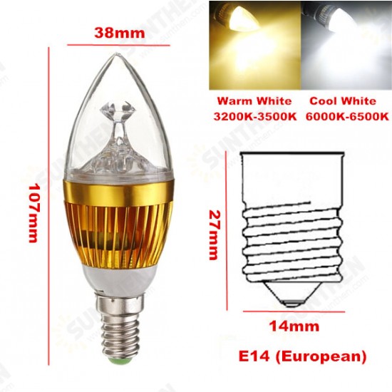 Dimmable E14 3W 3 LED Cool White LED Candle Light Bulb 220V