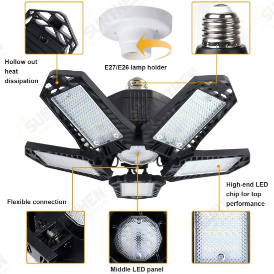 LED Garage Light E26/E27 Deformable Ceiling Light Warehouse Lighting Bulb with 5 Adjustable Panels