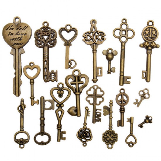 19Pcs Antique Vintage Old Look Skeleton Key Set Lot Pendant Heart Bow Lock Steampunk Jewel