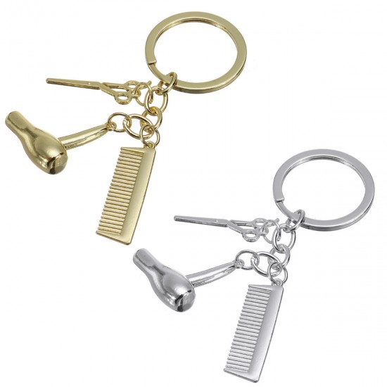 Creative Keychain Alloy Stylist Hair Dryer Scissor Comb Dangle Pendant Key Ring Artware Gift