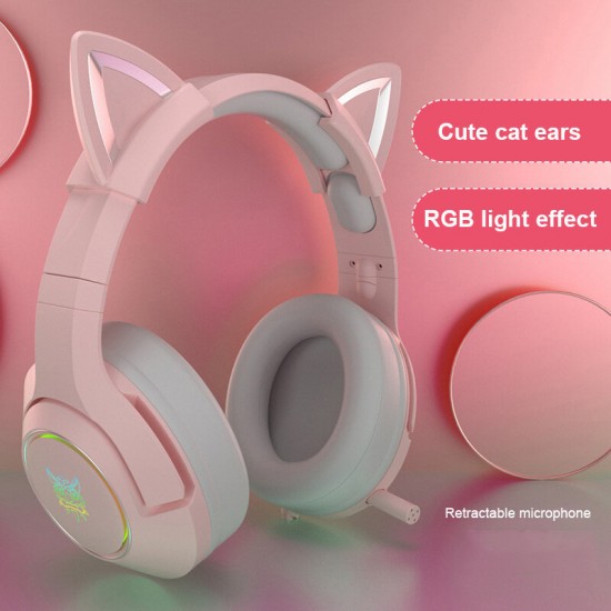 Wired Headphones Stereo Dynamic Drivers Noise Reduction Headset 3.5MM RGB Luminous Pink Cat Ear Adjustable Over-Ear Gaming Headphones with Mic