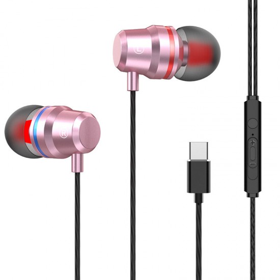 Type-c Metal In-ear Earphone Heavy Bass Wired Control Headphone Stereo Music HIFI Sport Headset With Mic for