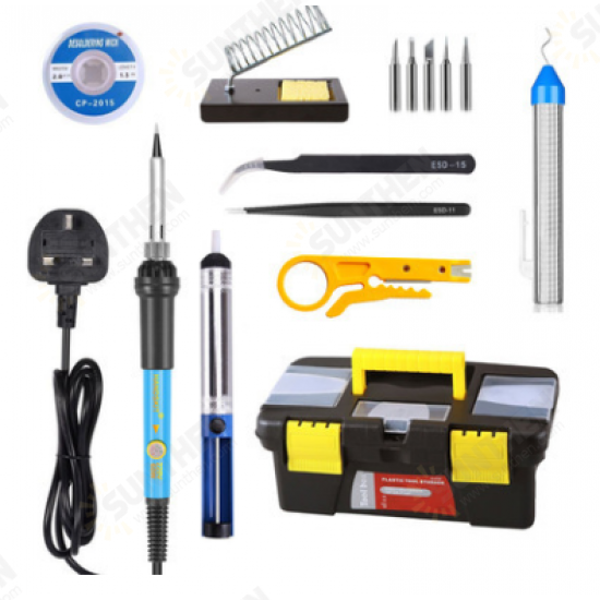 14PCS Soldering Iron Kit 60W Adjustable Temperature Welding 5pcs Desoldering Wick Solder Wire Anti-static Tweezers Iron Stand Cleaning Sponge Tool Box