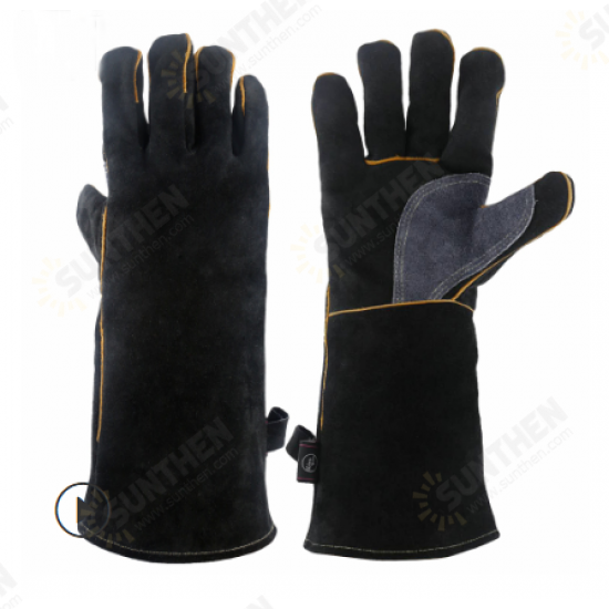 16 Inches Two Layer Cow Leather Lengthened Black Grey Welding / Barbecue High Temperature Resistant Labor Protection Gloves