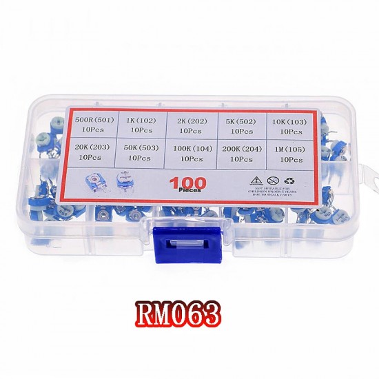 100pcs RM063 Trimmer Potentiometer Adjustable Resistor Kit 500R 1K 2K 5K 10K 20K 50K 100K 200K 1M Potentiometer Resistor RM 063