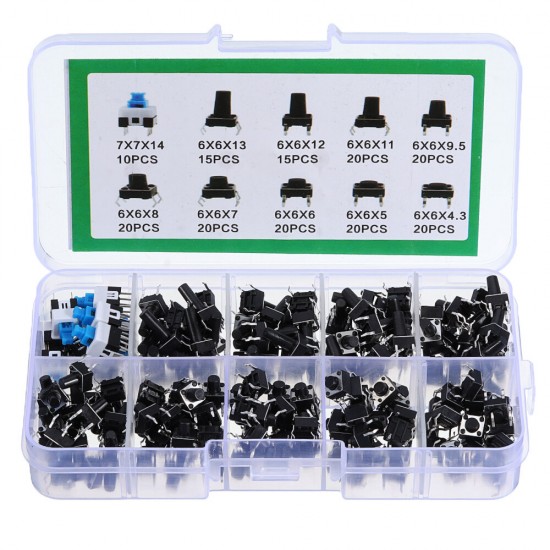 180Pcs 10 Values Tactile Push Button Switch Mini Momentary Tact Assortment Kit DIY