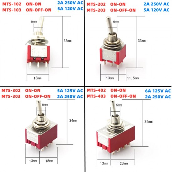 1pcs Red Mini 3/6/9/12Pin 2/3Position Toggle Switches Mini Toggle Switches 6A/125V 2A/250V AC MTS Series Push Button Switch