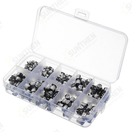 200pcs 10 Values SMD Electrolytic Capacitor Assorted Kit 10V-50V 1uF-470uF With Storage Box