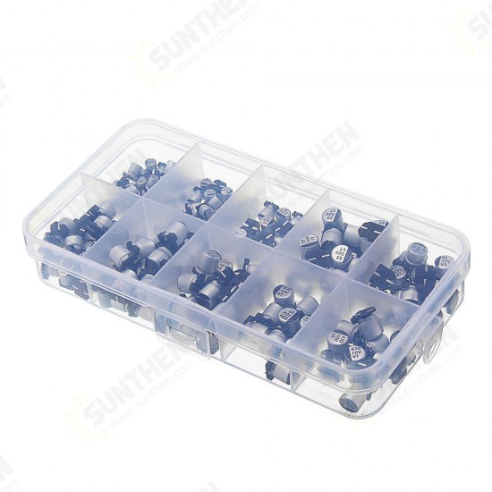 200pcs 10 Values SMD Electrolytic Capacitor Assorted Kit 10V-50V 1uF-470uF With Storage Box