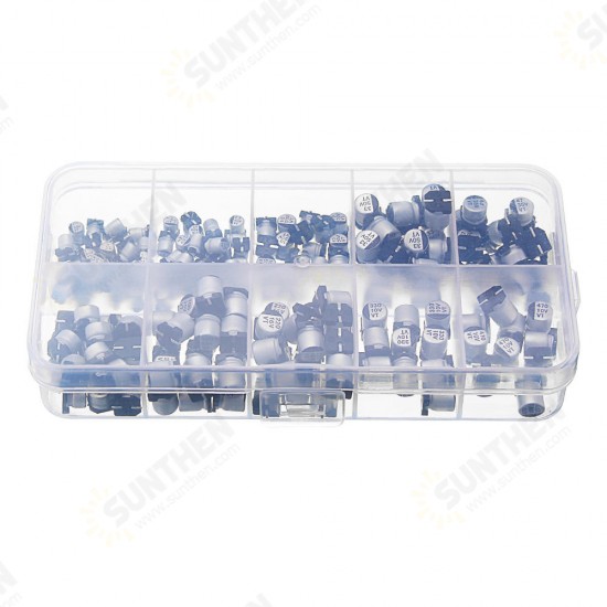 200pcs 10 Values SMD Electrolytic Capacitor Assorted Kit 10V-50V 1uF-470uF With Storage Box