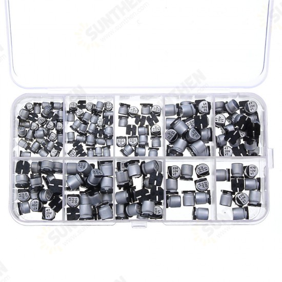 200pcs 10 Values SMD Electrolytic Capacitor Assorted Kit 10V-50V 1uF-470uF With Storage Box