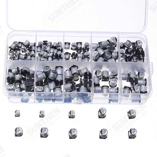 200pcs 10 Values SMD Electrolytic Capacitor Assorted Kit 10V-50V 1uF-470uF With Storage Box