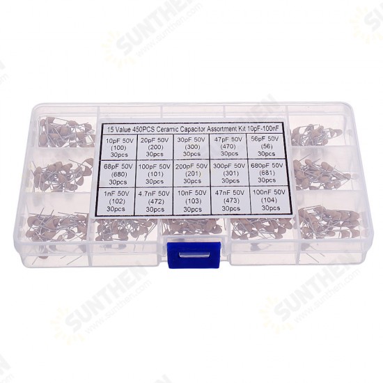 450pcs 15 Value Monolithic Capacitor Set 50v Multi-layer Assortment Box 10pf To 100nf Electronic Components Capacitor Kit