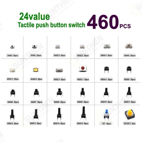 460PCS Tact Switch Push Button Switch Micro Switch For Car Remot/TV/Toys/Home Use Button Caps Kit