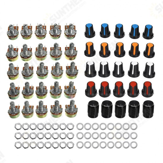 75 Potentiometers B5K B10K B20K B50K B100K ohm Knurled Shaft Single Linear Rotary Cone Volume Control Potentiometer Kit