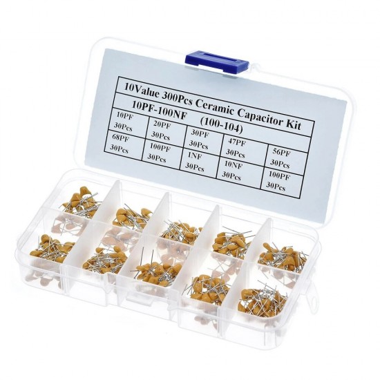 300pcs 10Value 50V 10PF 20PF 30PF 47PF 56PF 68PF 100PF 1NF 10NF 100NF Multilayer Ceramic Capacitor Assortment Kit