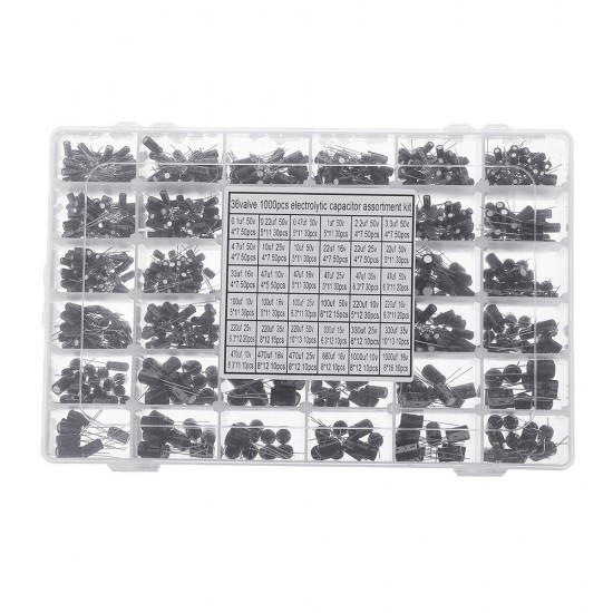 1000pcs 36 Values 0.1uF 50V-1000uF 16V Capacitors 4.7UF 10UF 22UF 33UF 47UF Electrolytic Capacitor Assortment Box Kit