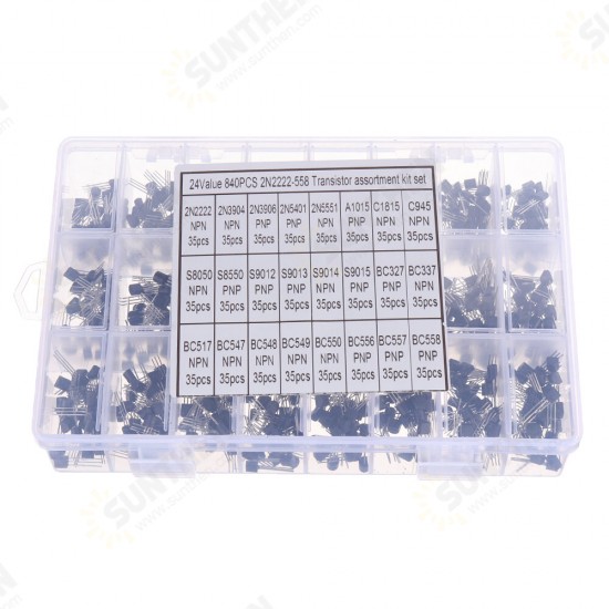 840pcs 24Values TO-92 Transistor Assortment Kit BC327 BC337 BC547 transistor 2N2222 3904 3906 C945 PNP/NPN Transistors Pack