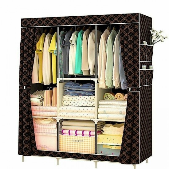 Large Canvas Fabric Wardrobe With Hanging Rail Shelving Clothes Storage Cupboard