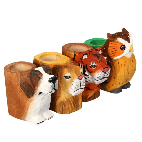 Animal Types Pen Holder Creative Hand Carved Wooden Pen Holder Lion Tiger Owl Dog Pattern Pen Organizer For Student Stationery Pencil Not Included