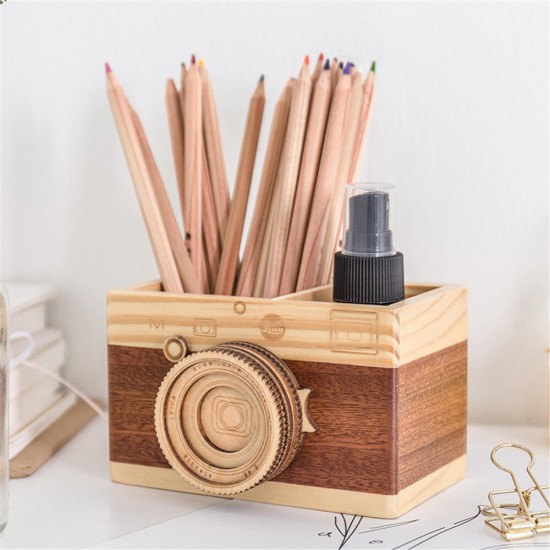 Creative Camera Wooden Pen Holder Storage Makeup Brushes Organizer Wood Crafts Retro Birthday Gifts Vintage Home Decoration