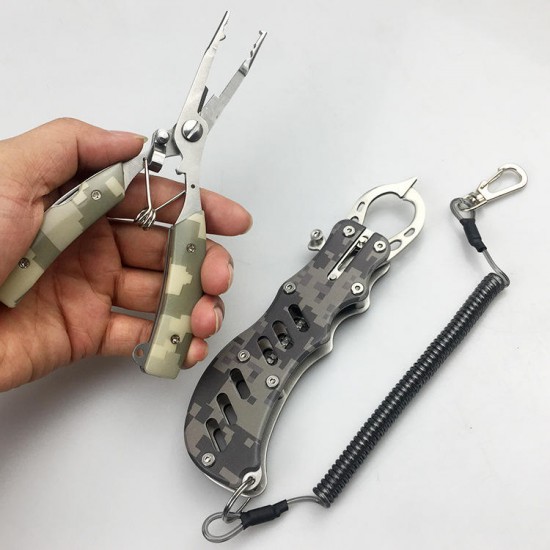 2PCS Stainless Steel Camouflage Fish Pliers Set Fishing Gripper Set Outdoor Portable Fishing Tool