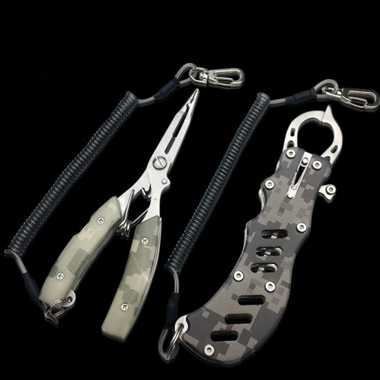 2PCS Stainless Steel Camouflage Fish Pliers Set Fishing Gripper Set Outdoor Portable Fishing Tool