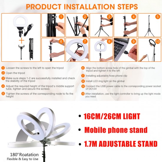 LED Ring Light Dimmable Selfie Lamp Tripod Stand Phone Holder USB Powered for Vlog YouTube Tiktok VK Makeup Video