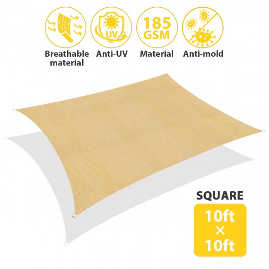 SunShade Sail Rectangular Square 10x10 Outdoor UV Block 4-Fixed Rope for Yard Terrace Lawn Garden Beige