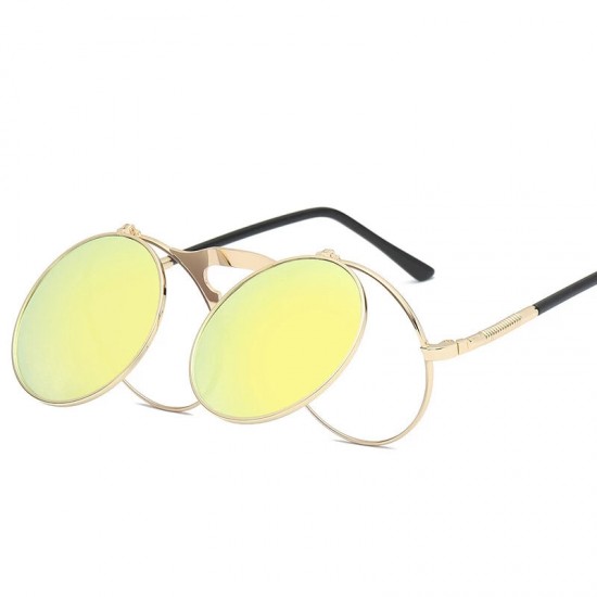 UV400 Vintage Steampunk Flip Up Men Sunglasses Women Retro Round Metal Frame Sun Glasses Hinge Design Curved Glasses Legs