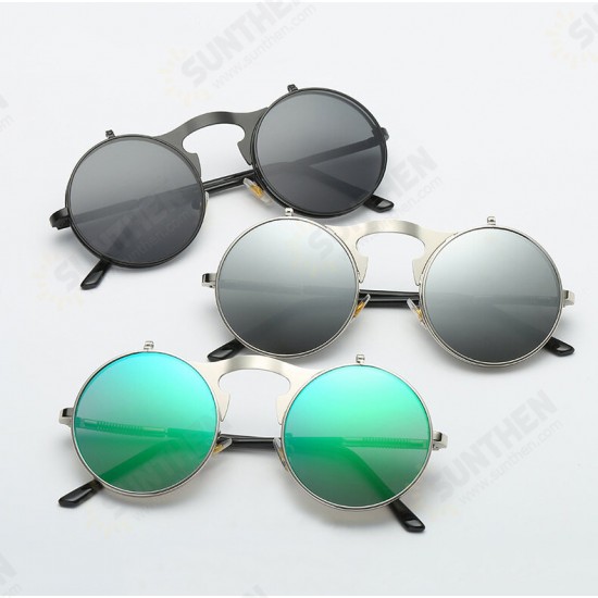 UV400 Vintage Steampunk Flip Up Men Sunglasses Women Retro Round Metal Frame Sun Glasses Hinge Design Curved Glasses Legs