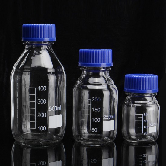 100/250/500mL Borosilicate Glass Clear Reagent Bottle Blue Screw Cap Lab Storage Bottle