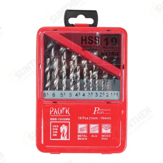 19pcs HSS 1-10mm Twist Drill Bits Set High Speed Steel Straight Shank Twist Drill Bit