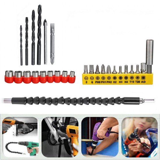 28pcs Drill Bits Set Including 18pcs Screwdriver Bit 9pcs Screw Extractor 1pc Shaft Drill